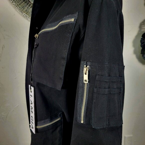NWT~$295~I AM GIA~S/M~BLACK MILITARY UTILITY CARGO DENIM JEAN JACKET COAT - Picture 13 of 16